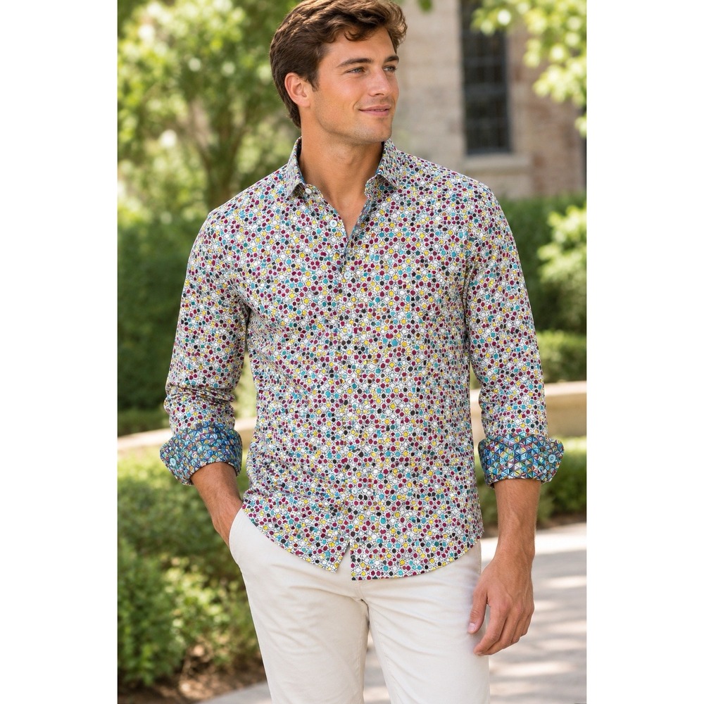 Robert Graham Mens M Geometric Circles Multicolor Long Sleeve Button-Front Shirt
